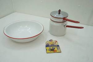 lot 17 image: Vintage Enamelware with Red Trim, Wash Pan & Double Boiler