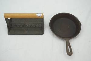 lot 87 image: Cast Iron Bacon Press and 6.5 Diameter Cast Iron Pan