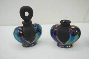 lot 94 image: Vintage Iridescent Oil Slick Carnival Glass Perfume Bottles, 1 Stopper