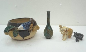 lot 95 image: Vintage Bird & Pear Tree Pottery Bowl, Vintage Japanese Bronze Bud Vase, Onyx Elephants