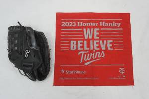 lot 156 image: 2023 Twins Homer Hanky, Rawlings baseball glove
