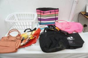 lot 225 image: Laundry Basket & Reusable Bags (2 Victoria Secret, 1 Black Mesh, 1 Purse)