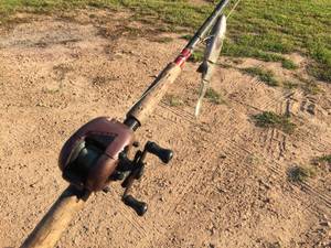 lot 157 image: South Bend Tony Rizzo 610 Muskie Rod with Quantum QP200 Reel