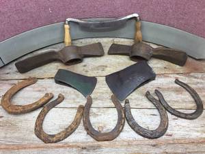 lot 287 image: Antique Iron - Norlund Axe - Oliver Grub Hoe - Horse Shoes