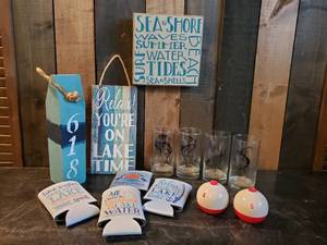 lot 9 image: Lake Dcor Lot, Koozies, Salt and Pepper Bobbers, Lake signs and more