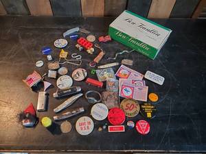 lot 22 image: Lot of Vintage Smalls, Pins, Watches, Pocket knives, and much much more