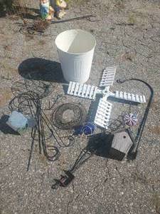 lot 27 image: Garden Lot Plant Hooks, Bird Houses, Wooden Windmill Blade and more