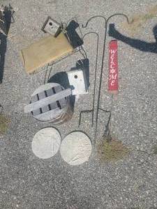 lot 28 image: Garden Lot Plant Hooks, Bird Houses, Cool Vintage Vanity Stool, Stepping Stones and more