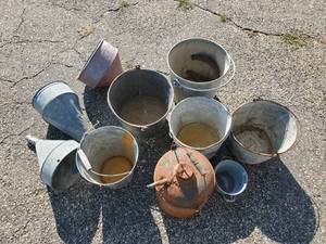 lot 32 image: Vintage Pail  Oil funnel can Lot  great dcor Make them into Planters