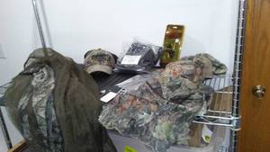 lot 250 image: Camo Hunting Netted Pants (3) Hood, Knife, Survival Tool and More.