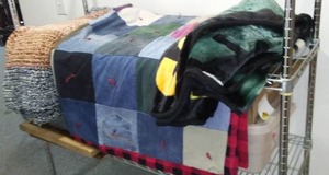 lot 296 image: Denim Quilt, Packers Blanket Throw.  Quilt is 78 x 58, Throw is 54 x 48 in. (needs small repair).