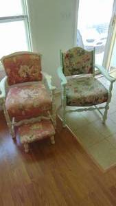 lot 13 image: 2- Vintage Painted Chairs and Footstool