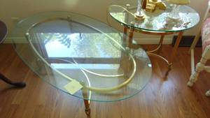 lot 15 image: 3- Glass and Brass Tables, Oval 48 x 17 x 28, End 28 x 22 x 24, 44 Rd x 17