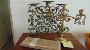 lot 30 image: Brass Candelabra with Smoked Prisms, Iron Candleholder and New Candles