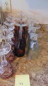 lot 43 image: 3 Sets of Stemware, Set of 6 Purple and Clear, Set of 4 Dark Purple and Clear, Set of 4 Lighter Blue and Etched