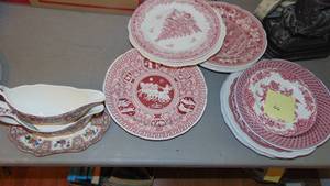 lot 66 image: Different Redware Plates Newer and 2- Spode Gravy with One Underplate