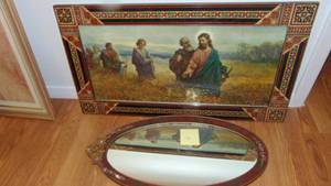 lot 74 image: Vintage Oval Mirror as seen and Religious Picture with a Very Usual Frame Design