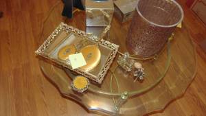 lot 81 image: Dresser Mirror, Comb Set, Waste Can, 2 Perfumes 1-asis and Pin Cushions