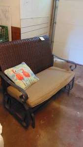 lot 94 image: Rattan Porch Glider with Cushions and Pillows