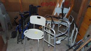 lot 112 image: Assorted Handicap Equipment, Wheelchair, Walker Bath Stool and Misc