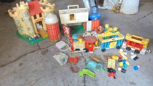 lot 136 image: Vintage Fisher Price Castle, Train, Barn Set, Bag of Mables and Other Toys