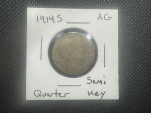 lot 7 image: 1914 S Key Date Barber Quarter. Only 264K Mintage