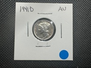 lot 25 image: 1941 D High Grade Mercury Dime. AU or Better.