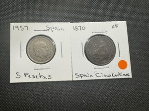 lot 62 image: 1870 XF Cinco Centimos  1957 5 Pesetas