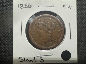 lot 82 image: 1856 F Slant 5 Braided Hair Large Cent
