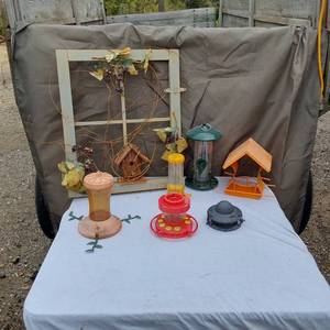 lot 24 image: Lot of Bird Feeders and Decorative Window Frame with Birdhouse