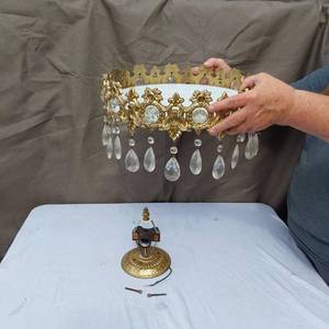 lot 34 image: Antique Brass and Crystal Chandelier with Light Fixture Base