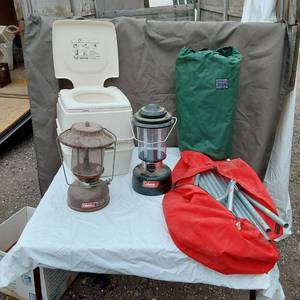 Thetford Porta Potti 135 Fresh Water Flush Portable Toilet, Coleman Lanterns, and Tent Poles