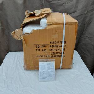 lot 54 image: Disposable Plastic Aprons, Box of 300 with Unknown Quantity Removed, Appears Nearly Full