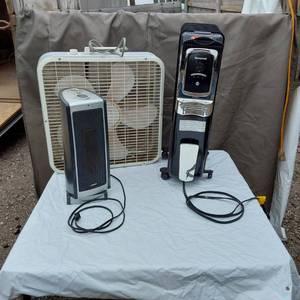 lot 55 image: Box Fan, Lasko Ceramic Tower Heater, and Honeywell Oil-Filled Radiator Heater