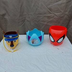 Spider-Man, Frozen, and Paw Patrol Themed Halloween Candy Buckets