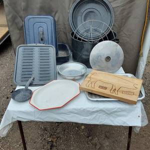 lot 62 image: Kitchenware Collection including Enamelware Pots, Pans, and Cutting Board
