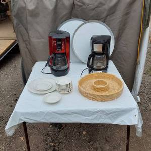 lot 68 image: Mr. Coffee and Hamilton Beach Coffee Makers, Serving Trays, and Plates