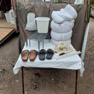 lot 71 image: Assorted Household Items including Conair Pro Style 1500 Hair Dryer, Trash Bin, and Footwear