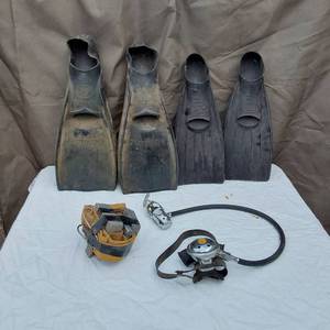lot 75 image: Diving Equipment Lot including Sportsways Waterlung Fins, Voit Swim Fins, and Divers Regulator