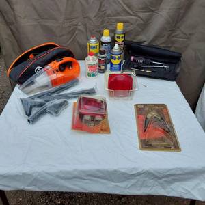 lot 80 image: NAPA Welding Clamp, Peterson V440L Stop Turn Tail Light, Torelli Vacuum Cleaner Kit, and Various Tools