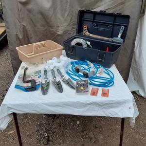 lot 83 image: Assorted Tools and Hardware Bundle including Clear Vinyl Tubing, Deck Plan Bracket, and PVC Elbows