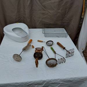 lot 87 image: Lot of  Kitchen Utensils and Enamelware Bedpan