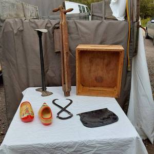 lot 88 image: Clogs, Ice Tongs, Vintage Seeder and More