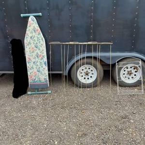 lot 96 image: Floral Pattern Ironing Board, Pant Stretchers and More