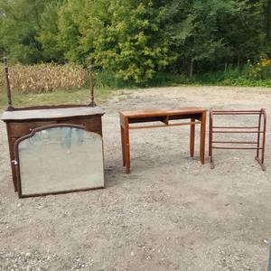 lot 99 image: Antique Dresser with Mirror and Desk, plus Towel Rack