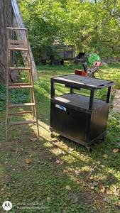 lot 24 image: Wooden Step Ladder and Rolling Utility Cart Set