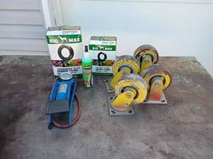 lot 71 image: Lawn and Garden Tire Tubes, Slime Sealant, Foot Pump, and 4 Heavy Duty Wheels