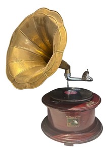 lot 7 image: K - His Masters Voice Gramophone by The Gramophone Company with Brass Horn
