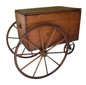 lot 15X image: LL - Antique Wooden Cart with Large Spoked Wheels and Storage Compartment