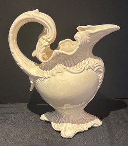 lot 26R image: L - Vintage White Porcelain Pitcher with Ornate Handle